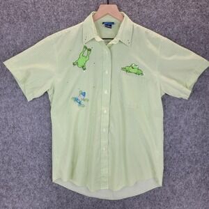 Las Olas Shirt Womens M Green Gingham Embroidered Frog Button Up Short Sleeve